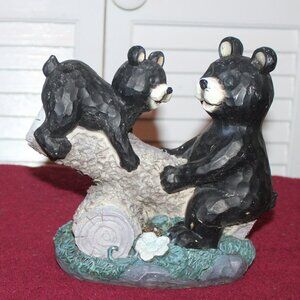 Vintage Resin Mama Black Bear and Baby Black Bear on Log Seesaw